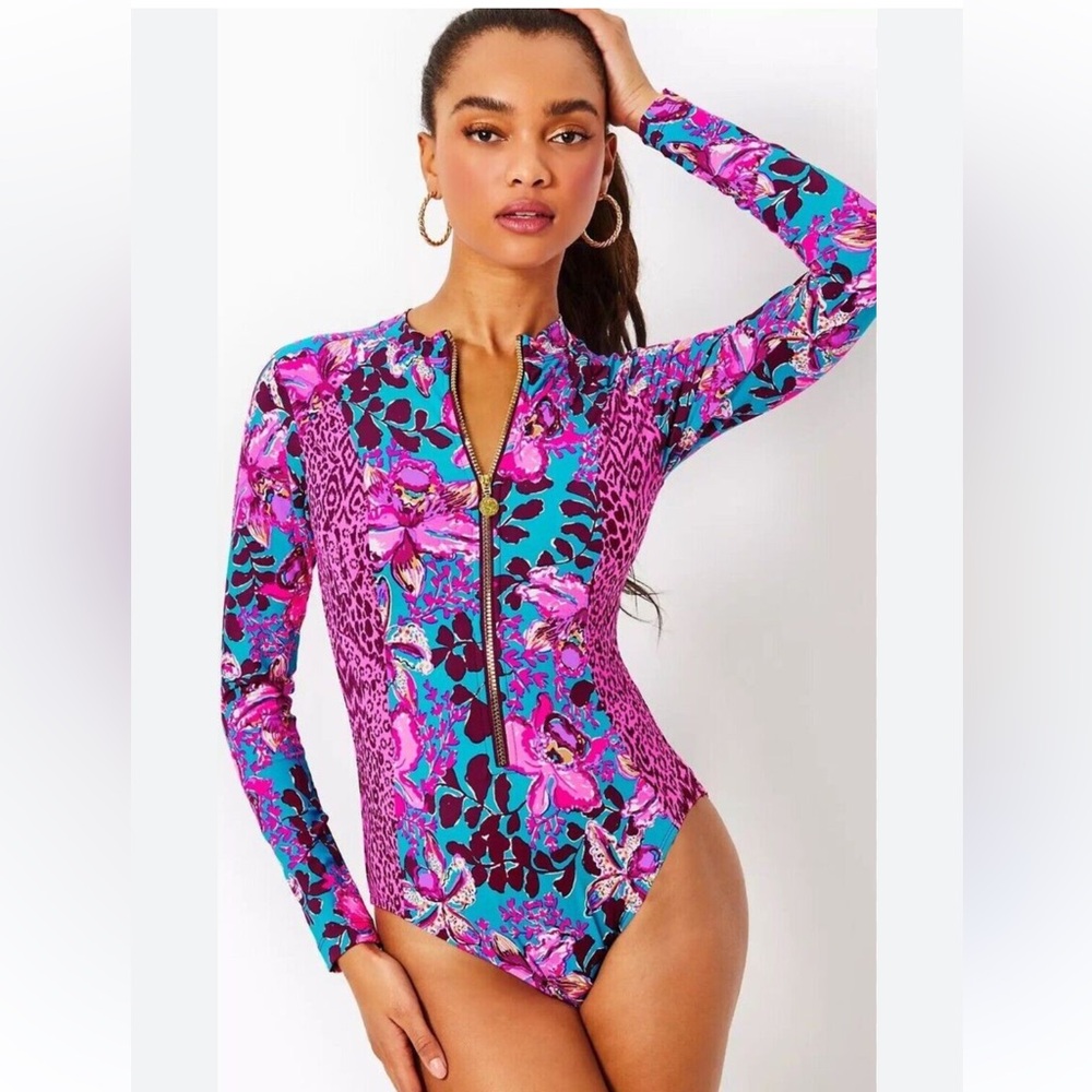 Lilly Pulitzer Raffa Rashguard Swimsuit Blue Rhapsody Orchid size 6.